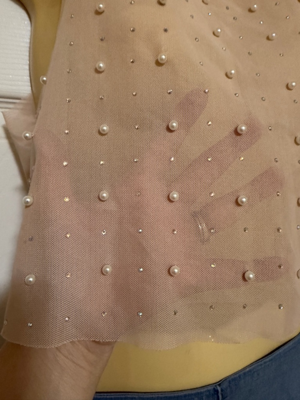 Pearl Rhinestone Sheer Sleeveless Crop Top - Blush Pink - Picture 3 of 6